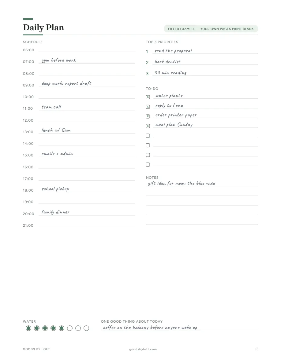 The daily page, shown filled in (your copies print blank)